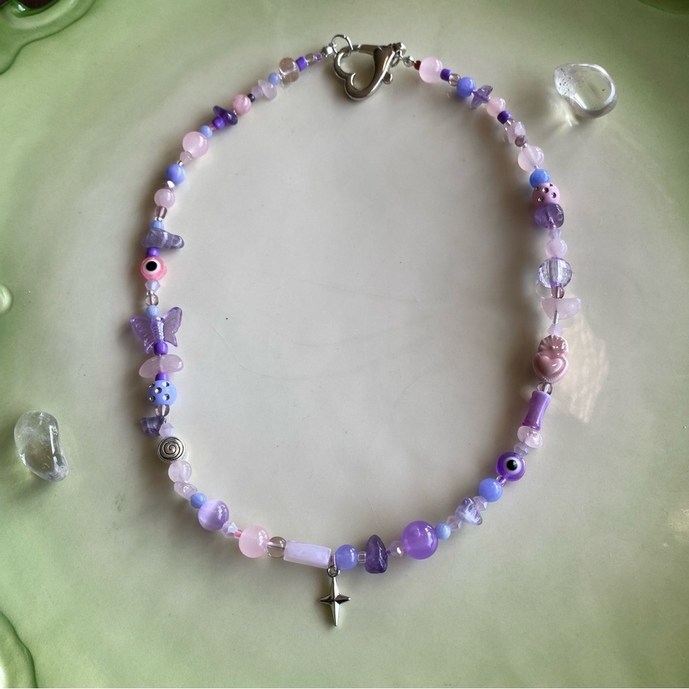 Northern Star Pink & Purple Beaded Necklace Mixed Beads Silver Heart Rose Quartz - Picture 3 of 10